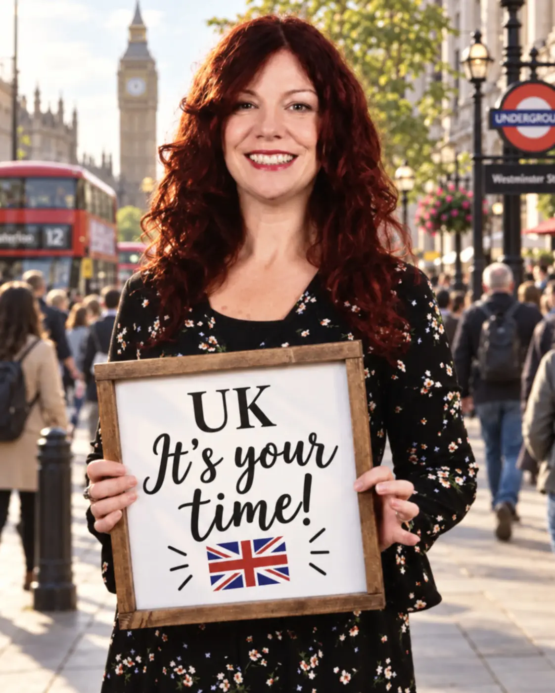 Aliss Cresswell holding a UK It's Your Time sign in London